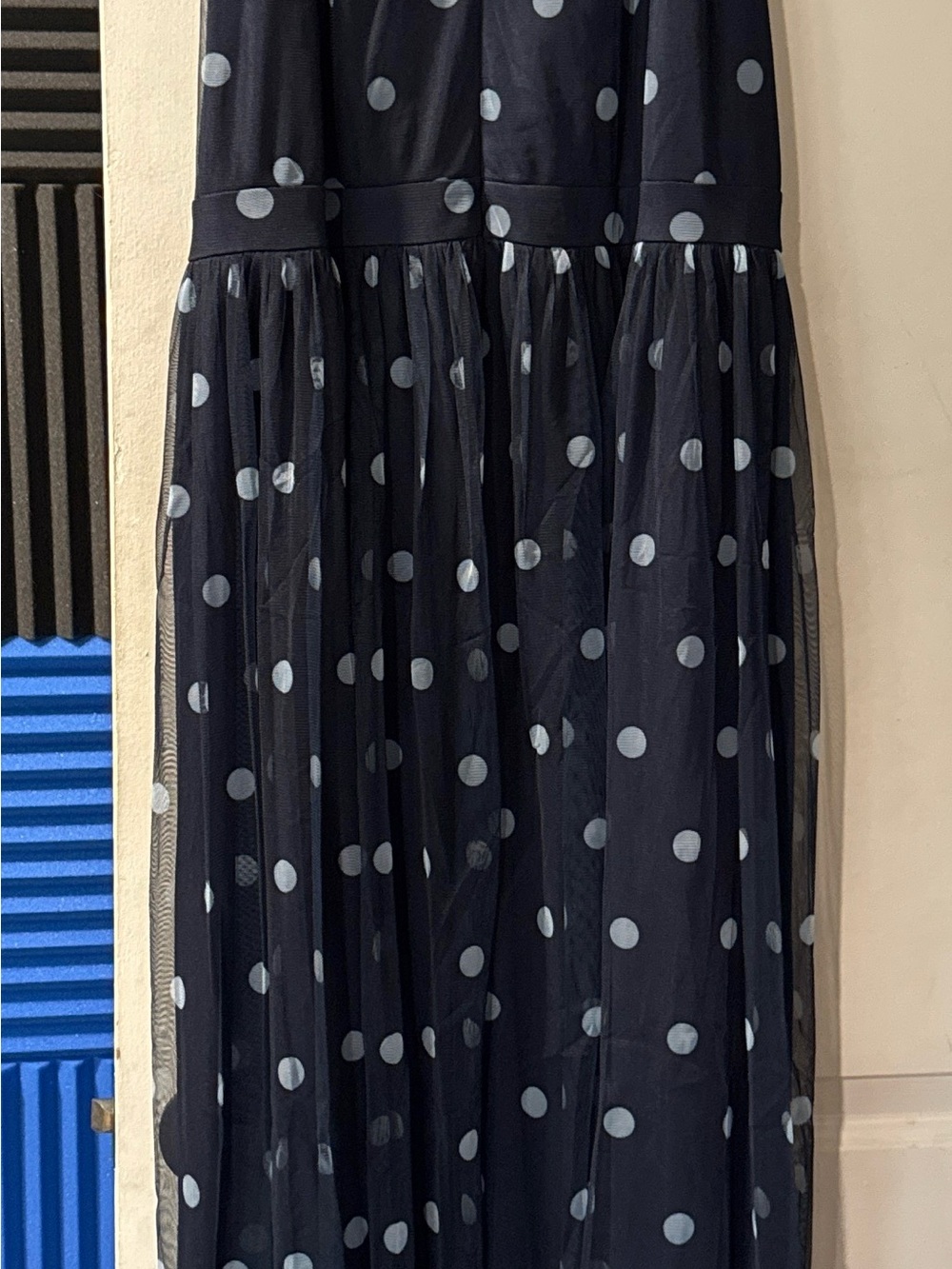 Candalite Women Navy Blue Mesh Polka Dot Sleeveless Maxi Dress - Size 1X